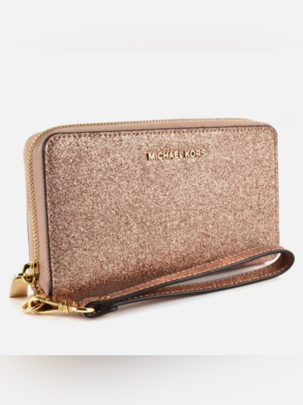 Michael Kors Rose Gold Glitter Zip-Around Wristlet Wallet in GUC
